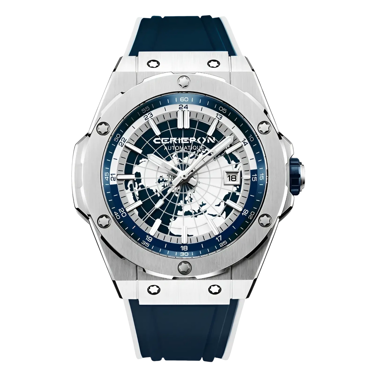 A sleek silver-toned hublot automatic mechanical men’s watch with a blue and white world map ceramic dial