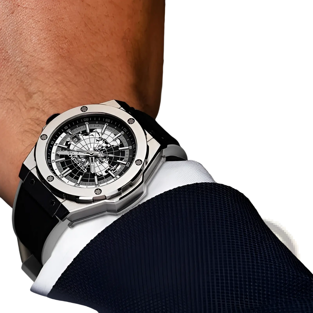 A sleek silver-toned automatic mechanical men’s watch with a black skeletonized dial and stainless steel case