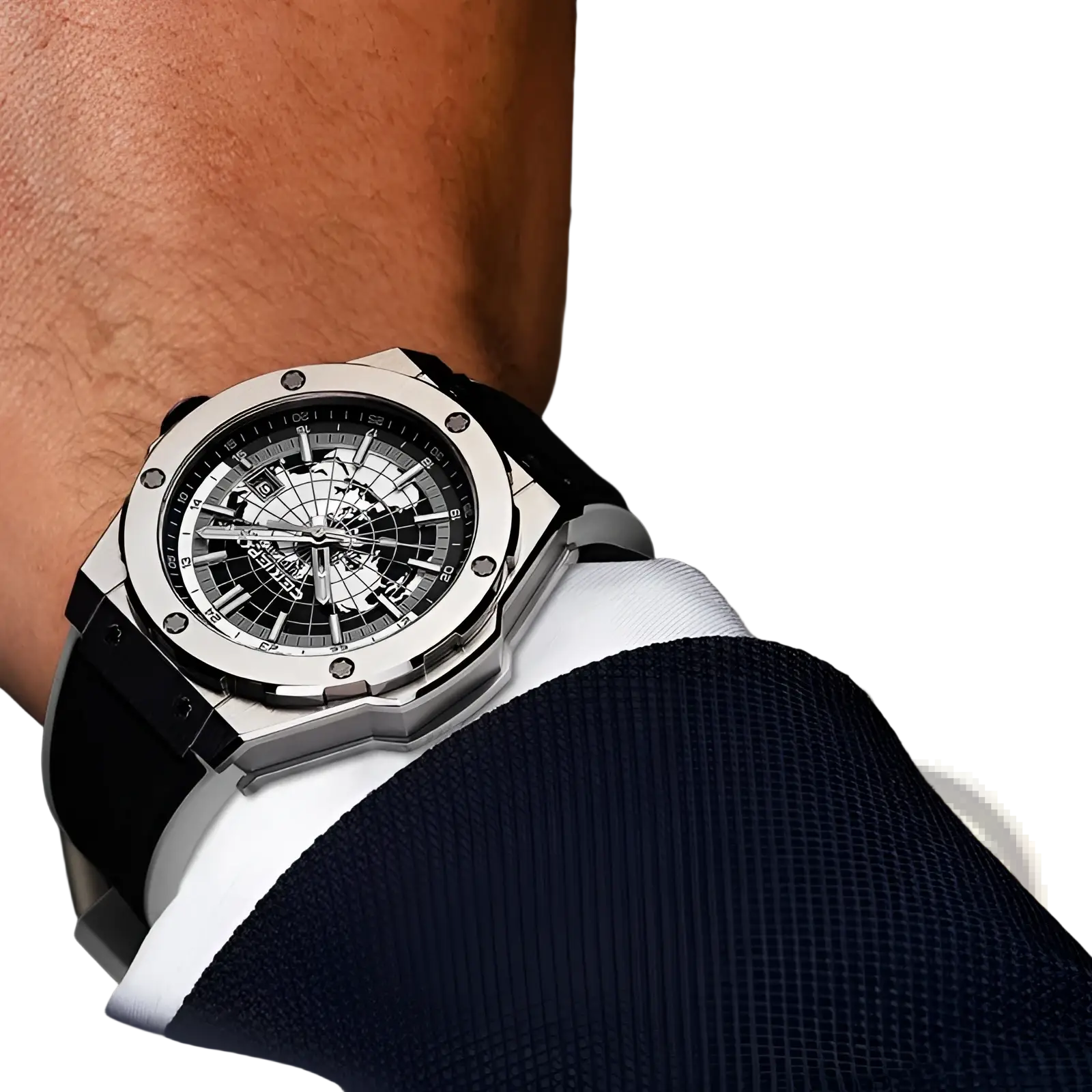 A sleek silver-toned automatic mechanical men’s watch with a black skeletonized dial and stainless steel case