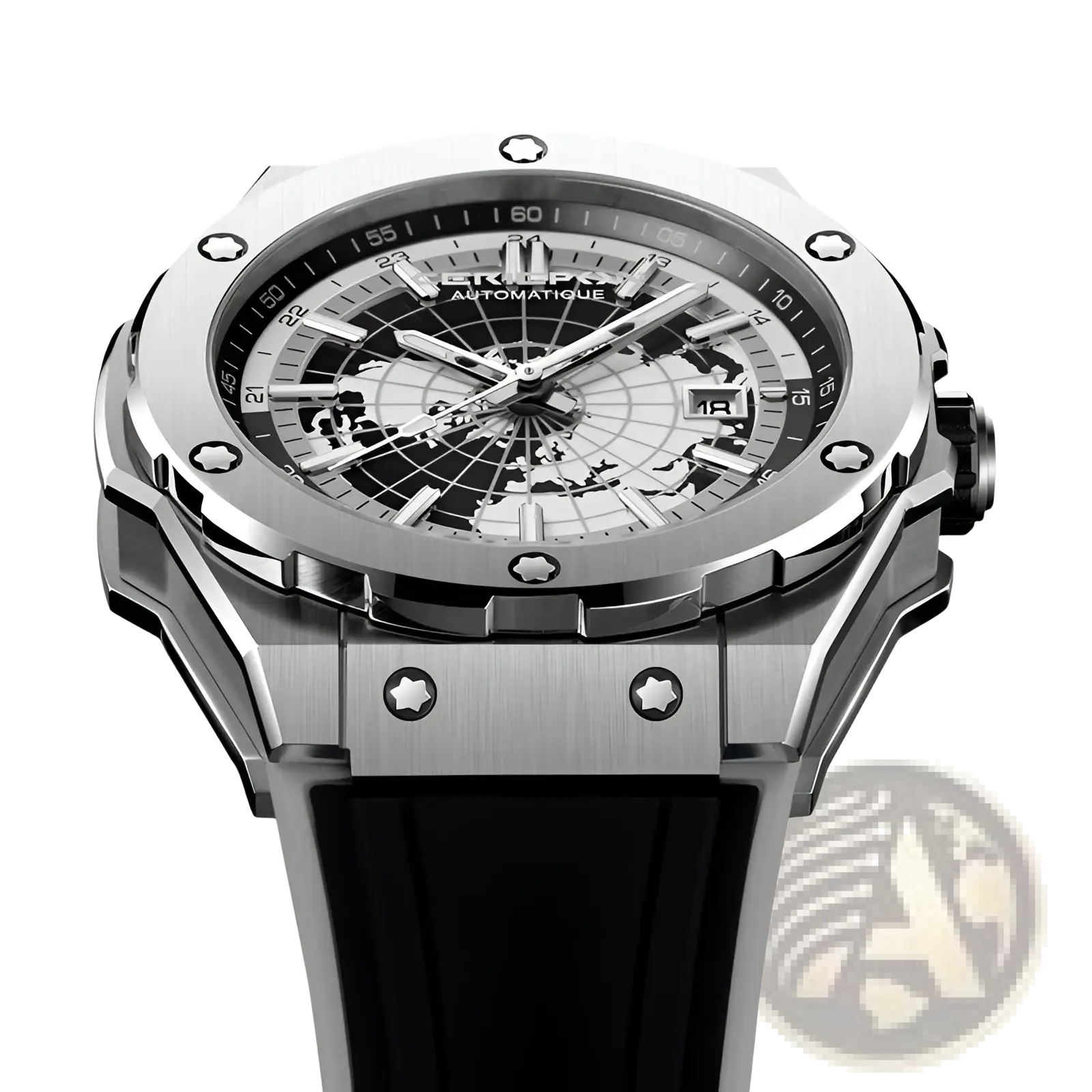 A sleek silver-tone hublot automatic mechanical men’s watch with black rubber strap and world map dial in stainless steel