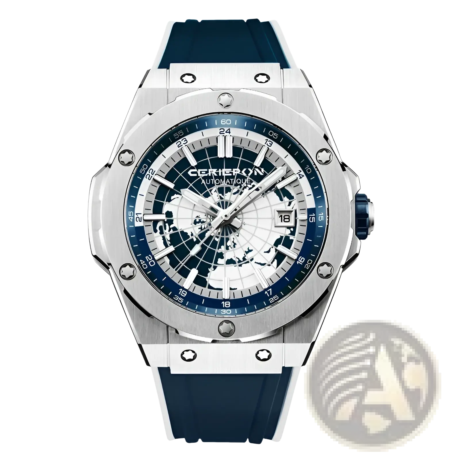 A sleek silver-toned hublot automatic mechanical men’s watch with a blue and white world map ceramic dial