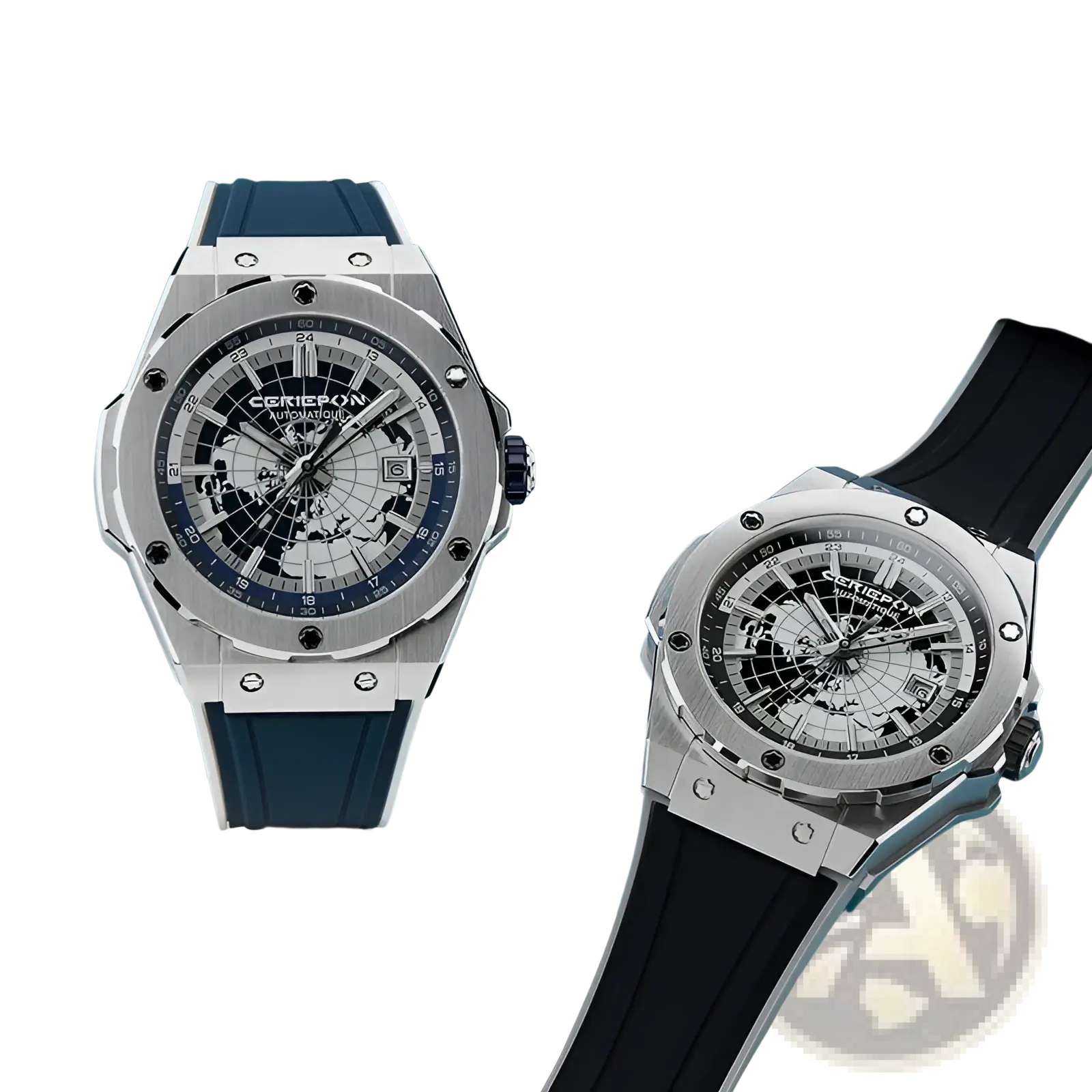 Two hublot automatic mechanical men’s watches with skeletonized dials stainless steel case blue and black straps