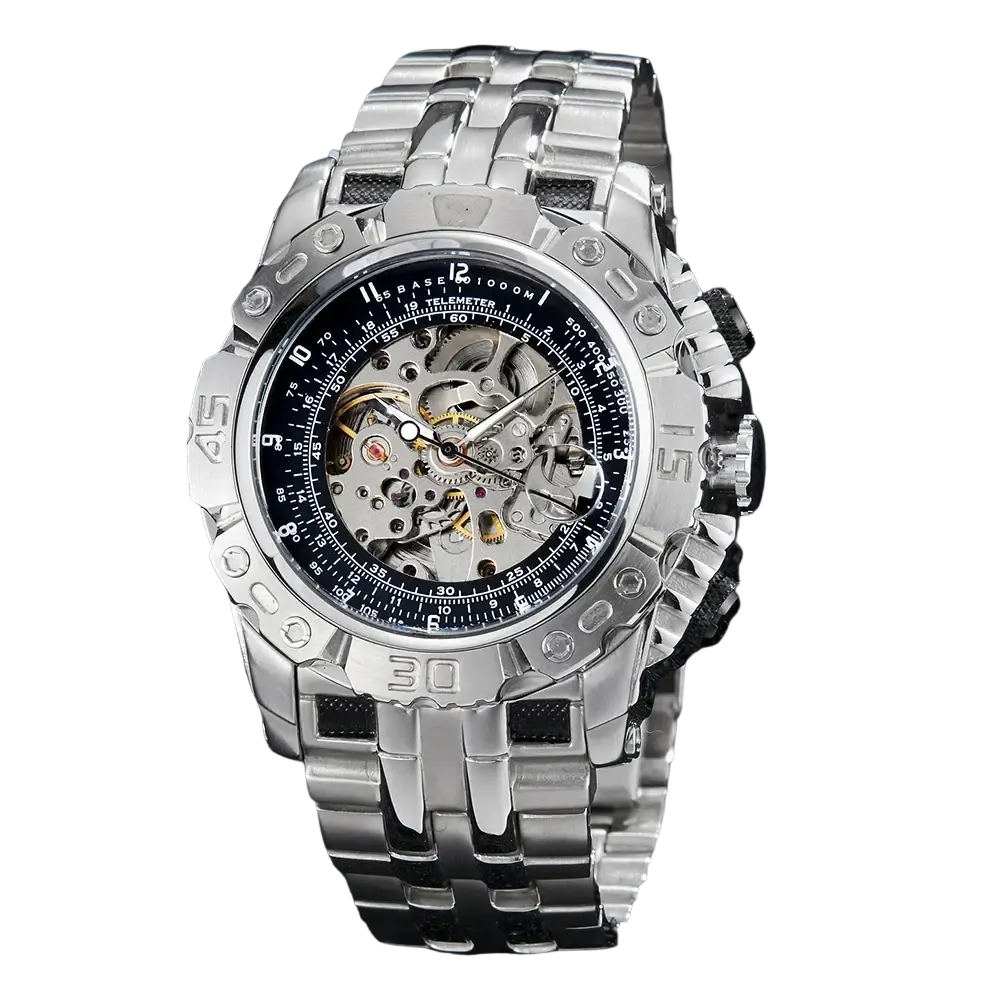 Automatic mechanical skeleton watch for men with a silver case black dial exposed gears and stainless steel bracelet
