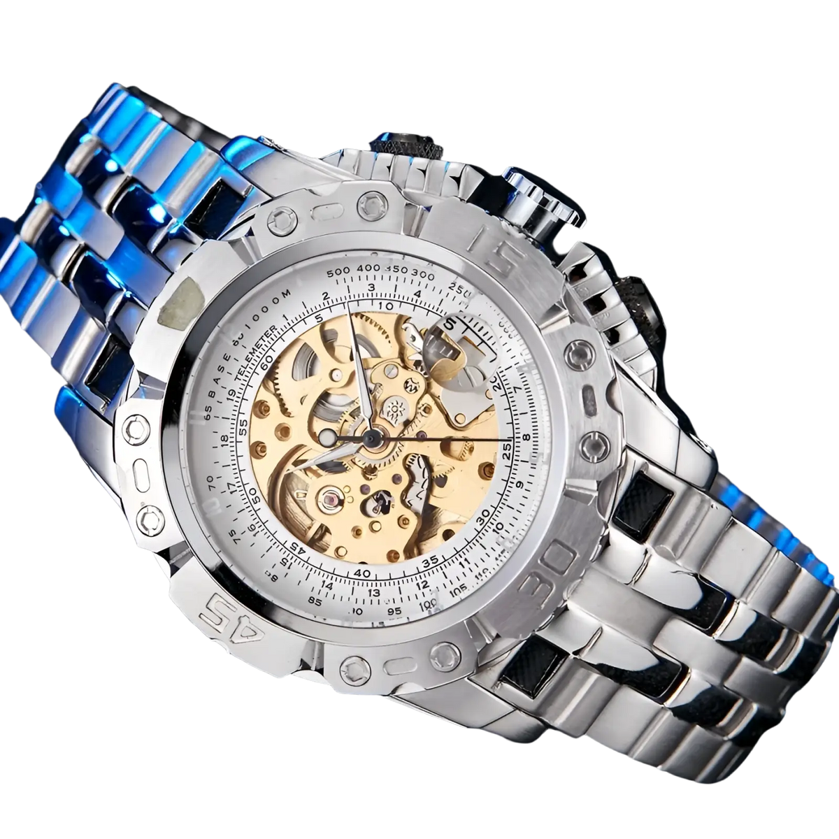 Automatic mechanical skeleton watch for men with silver and blue design, exposed golden gears, and stainless steel bracelet