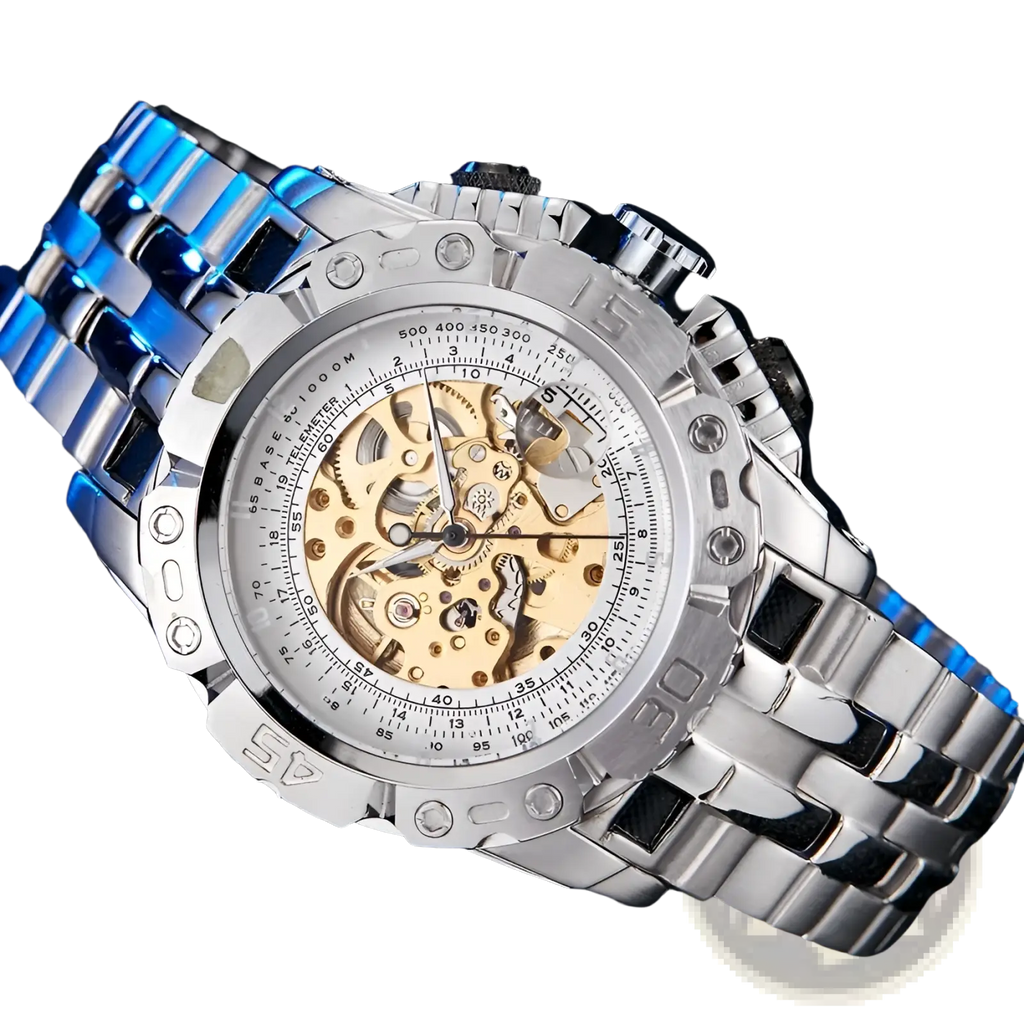 Automatic mechanical skeleton watch for men with silver and blue design, exposed golden gears, and stainless steel bracelet