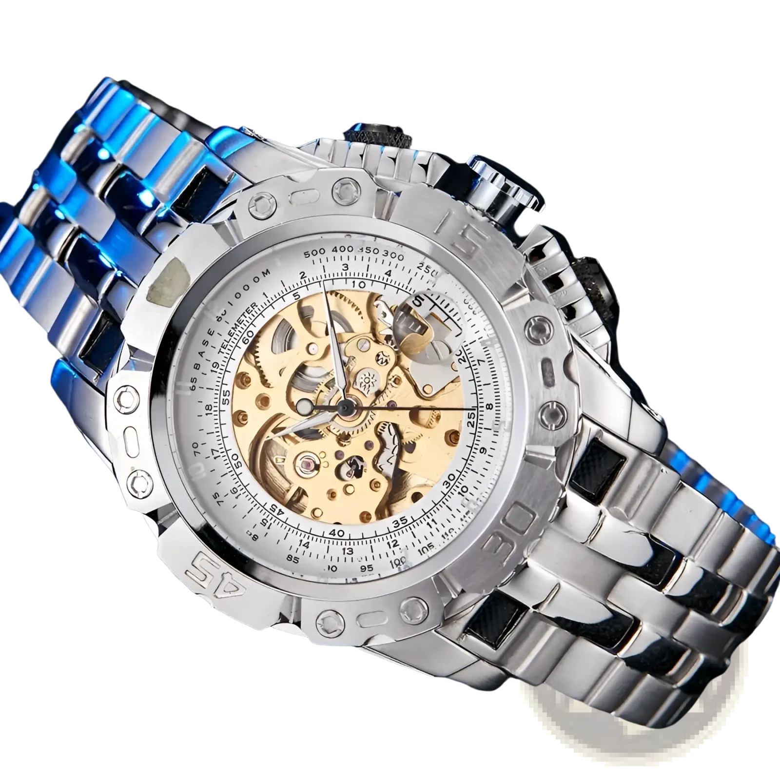 Automatic mechanical skeleton watch for men with silver and blue design, exposed golden gears, and stainless steel bracelet