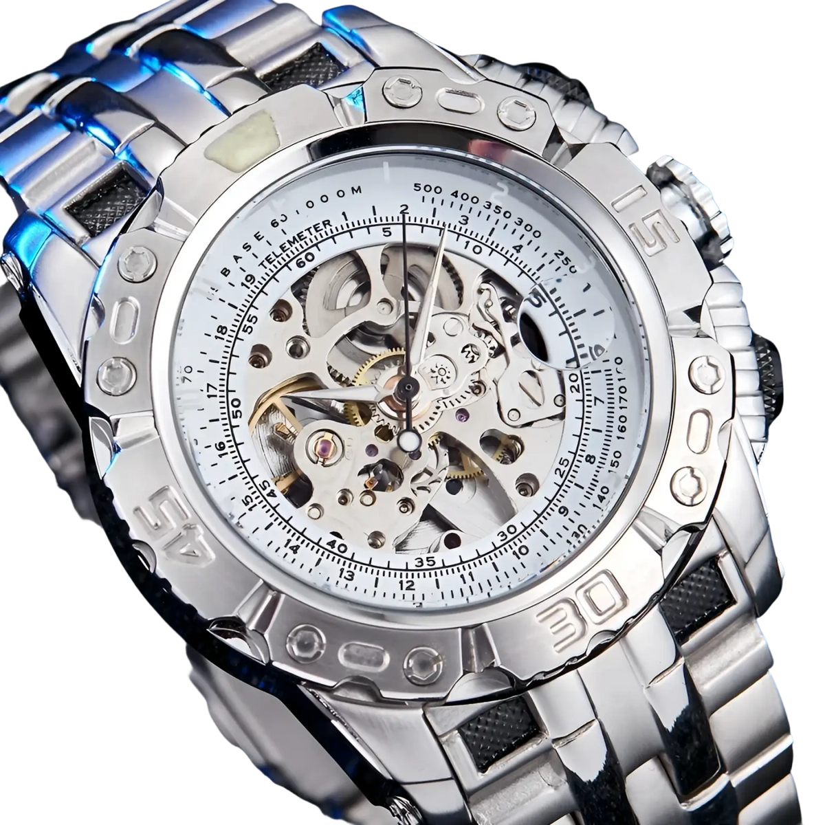 Automatic mechanical skeleton watch for men with silver-toned exposed gears white dial and textured stainless steel band