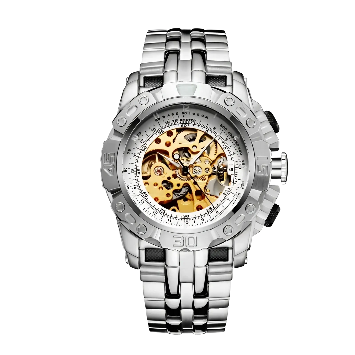 Automatic mechanical skeleton watch for men with silver-toned case, exposed golden gears, and stainless steel link bracelet