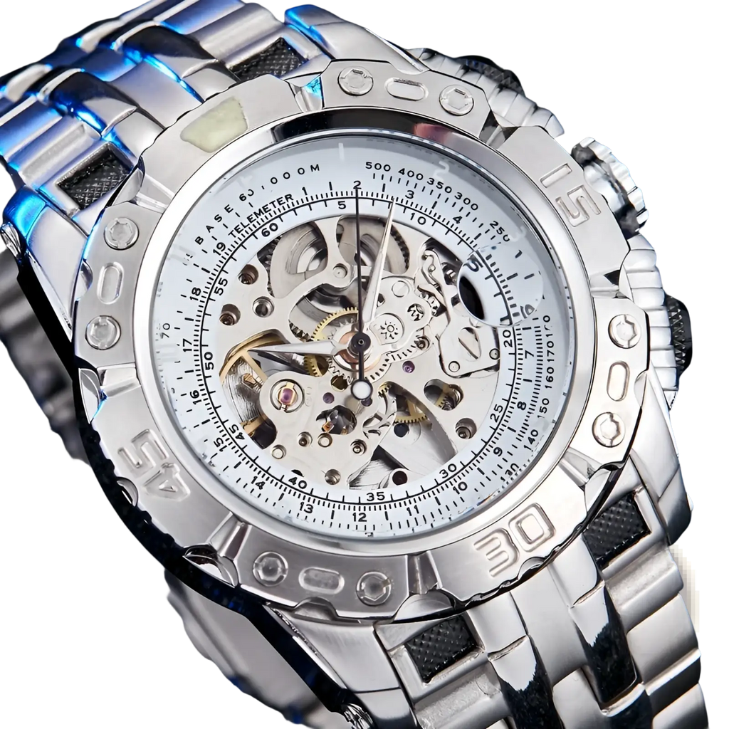 Automatic mechanical skeleton watch for men with silver-toned exposed gears white dial and textured stainless steel band