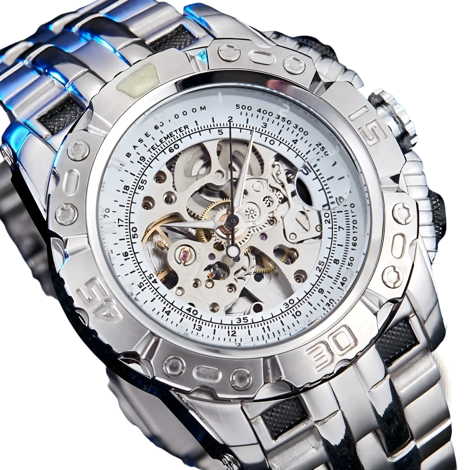 Automatic mechanical skeleton watch for men with silver-toned exposed gears white dial and textured stainless steel band