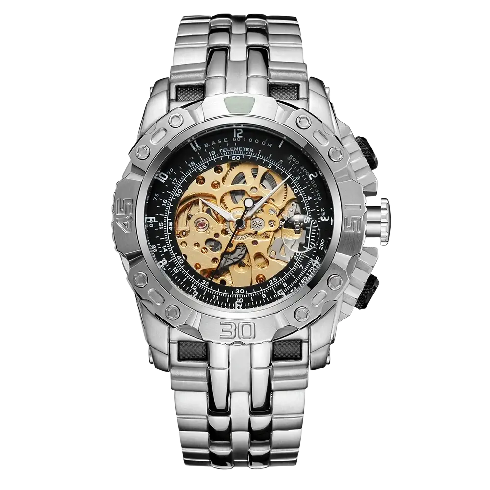 Silver-toned automatic mechanical skeleton watch for men with black dial and exposed golden gears and movement