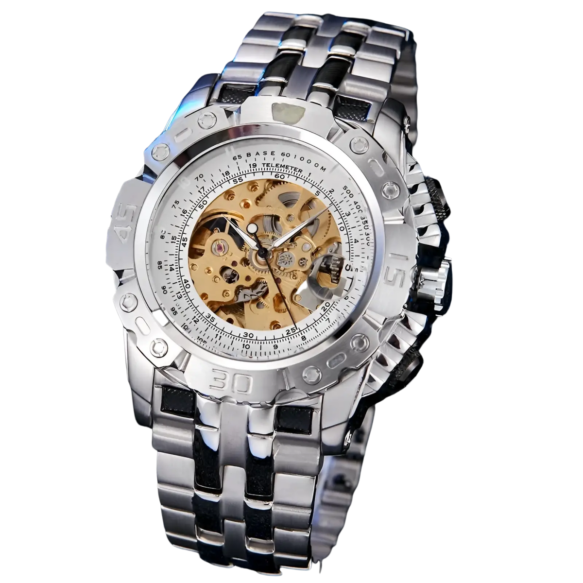 Automatic mechanical skeleton watch for men with silver-tone case, exposed golden gears, and stainless steel bracelet with black accents