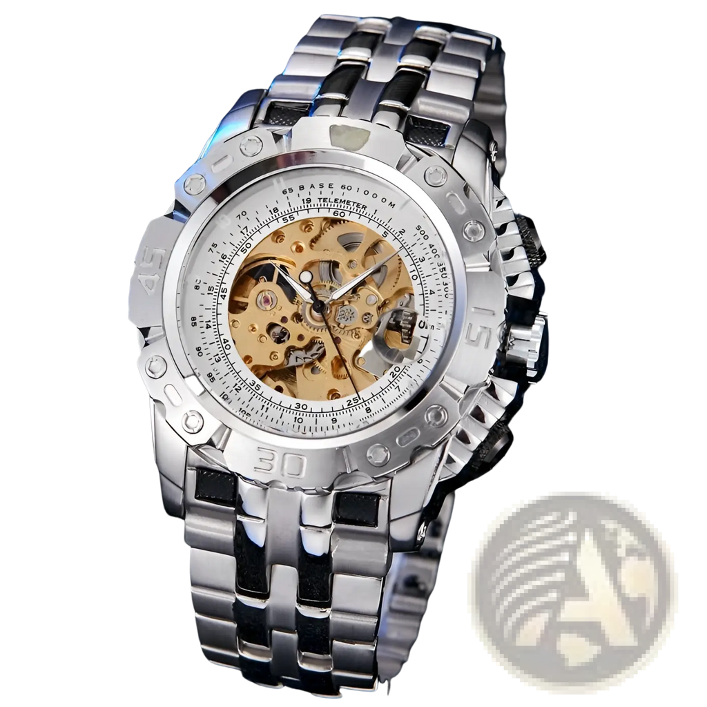 Automatic mechanical skeleton watch for men with silver-tone case, exposed golden gears, and stainless steel bracelet with black accents