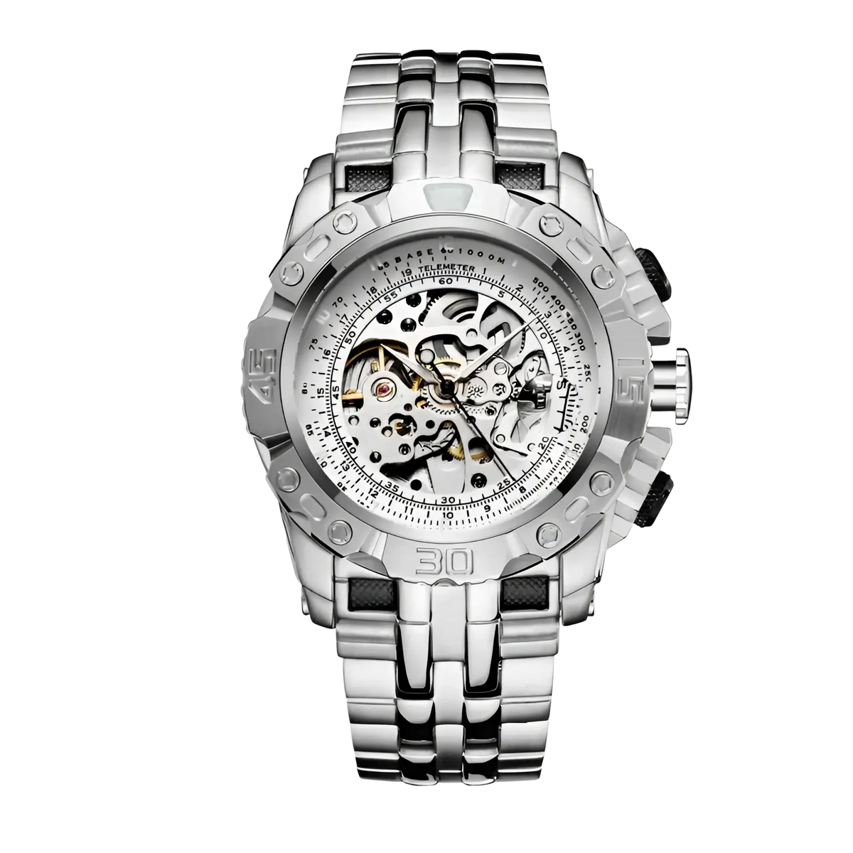Silver-toned automatic mechanical skeleton watch for men with chronograph function and metallic bracelet showcasing exposed gears