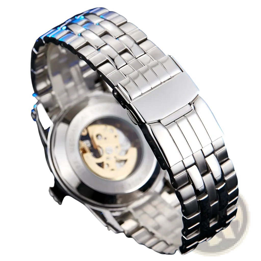 Silver-toned stainless steel automatic mechanical skeleton watch band with polished links and transparent case back view