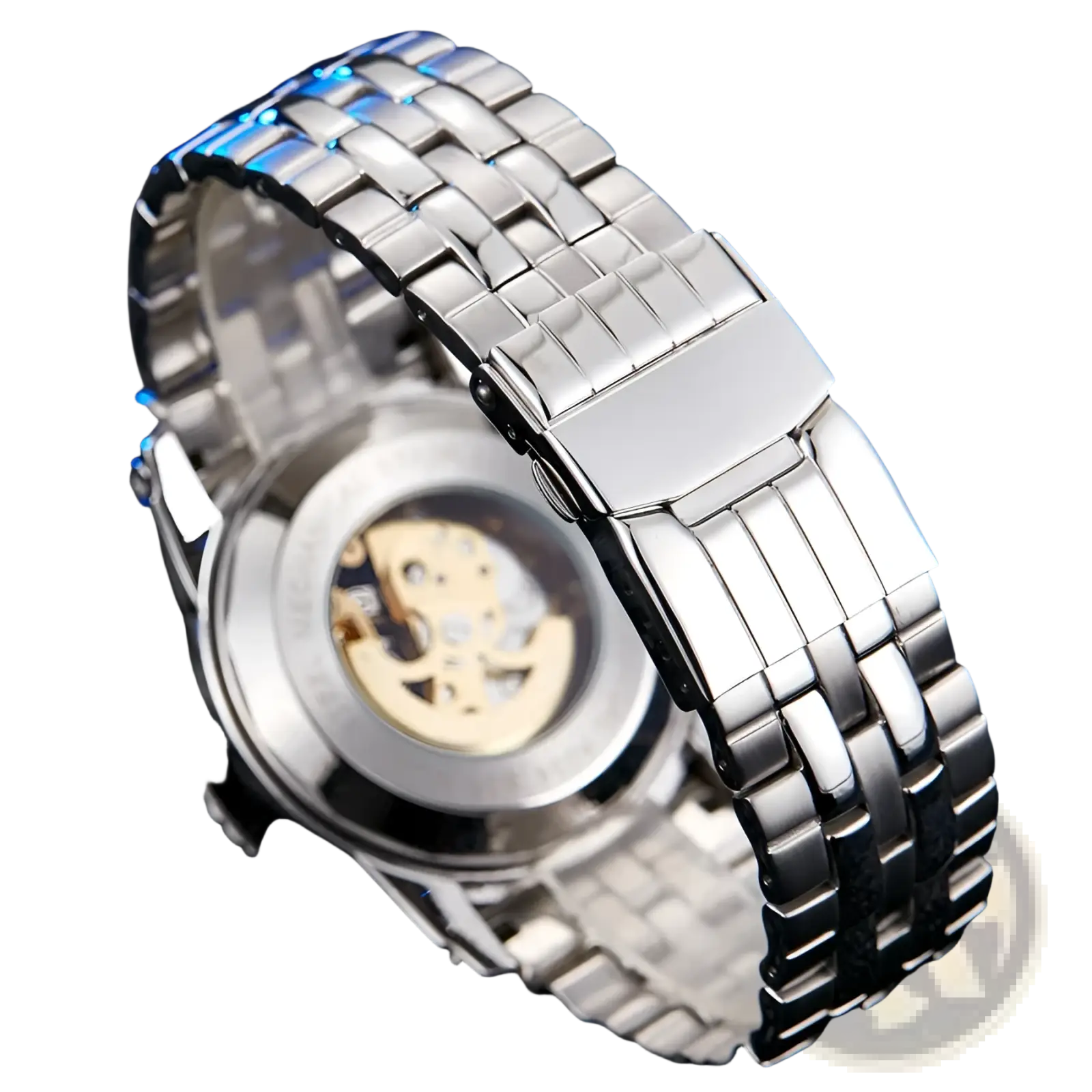 Silver-toned stainless steel automatic mechanical skeleton watch band with polished links and transparent case back view