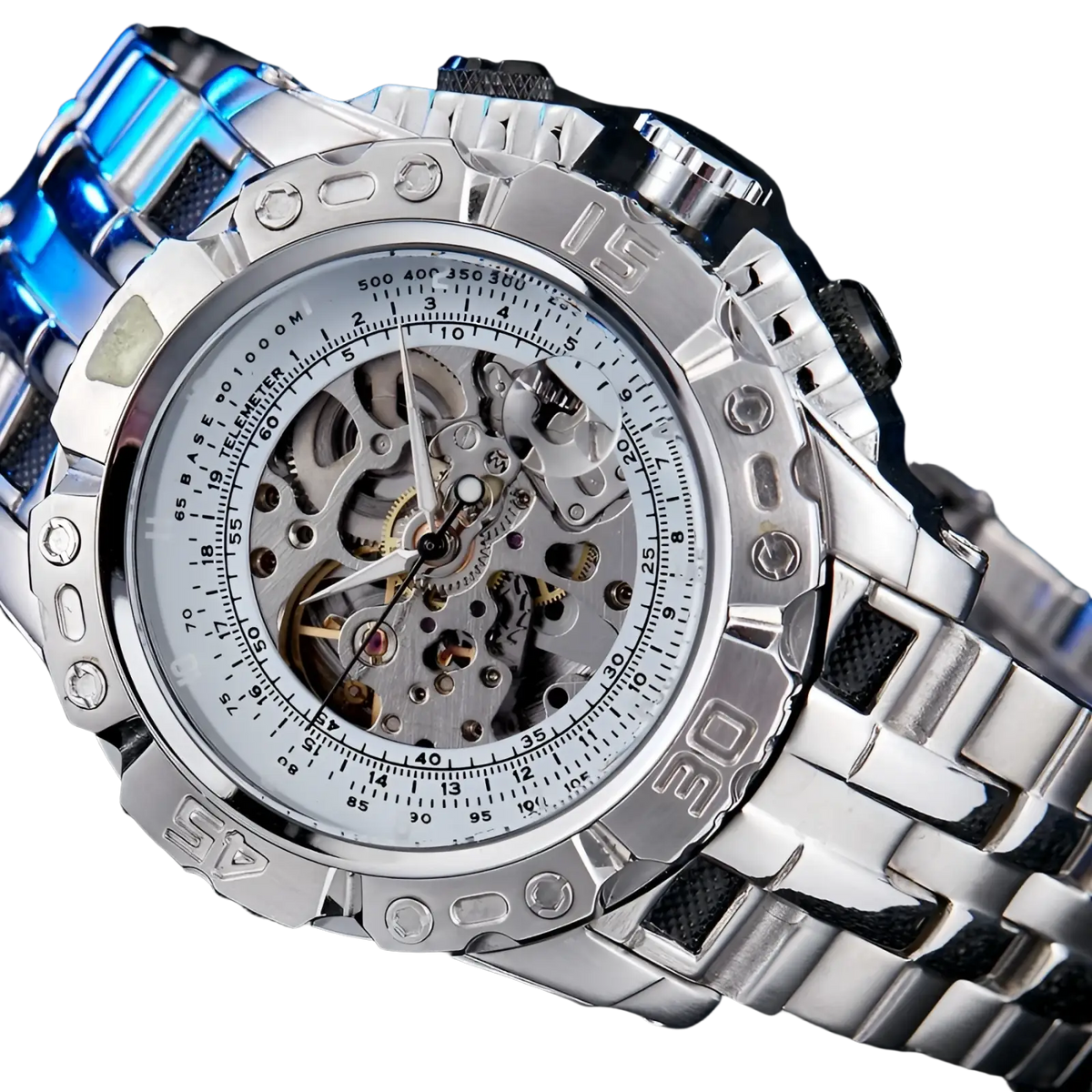 Automatic mechanical skeleton watch for men featuring a stainless steel case, silver-toned face, exposed gears, and blue-accented bracelet links