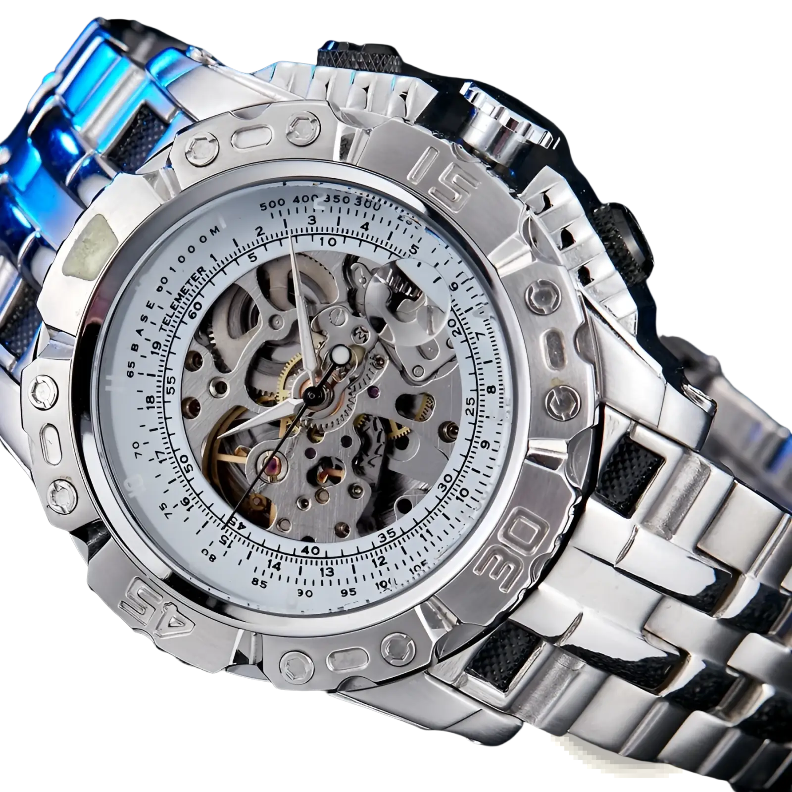 Automatic mechanical skeleton watch for men featuring a stainless steel case, silver-toned face, exposed gears, and blue-accented bracelet links