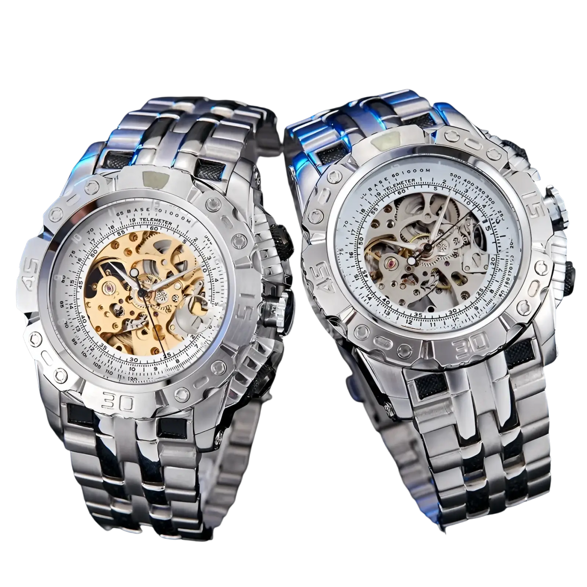 Two silver-toned automatic mechanical skeleton watches for men with exposed gears white dials and stainless steel bracelets