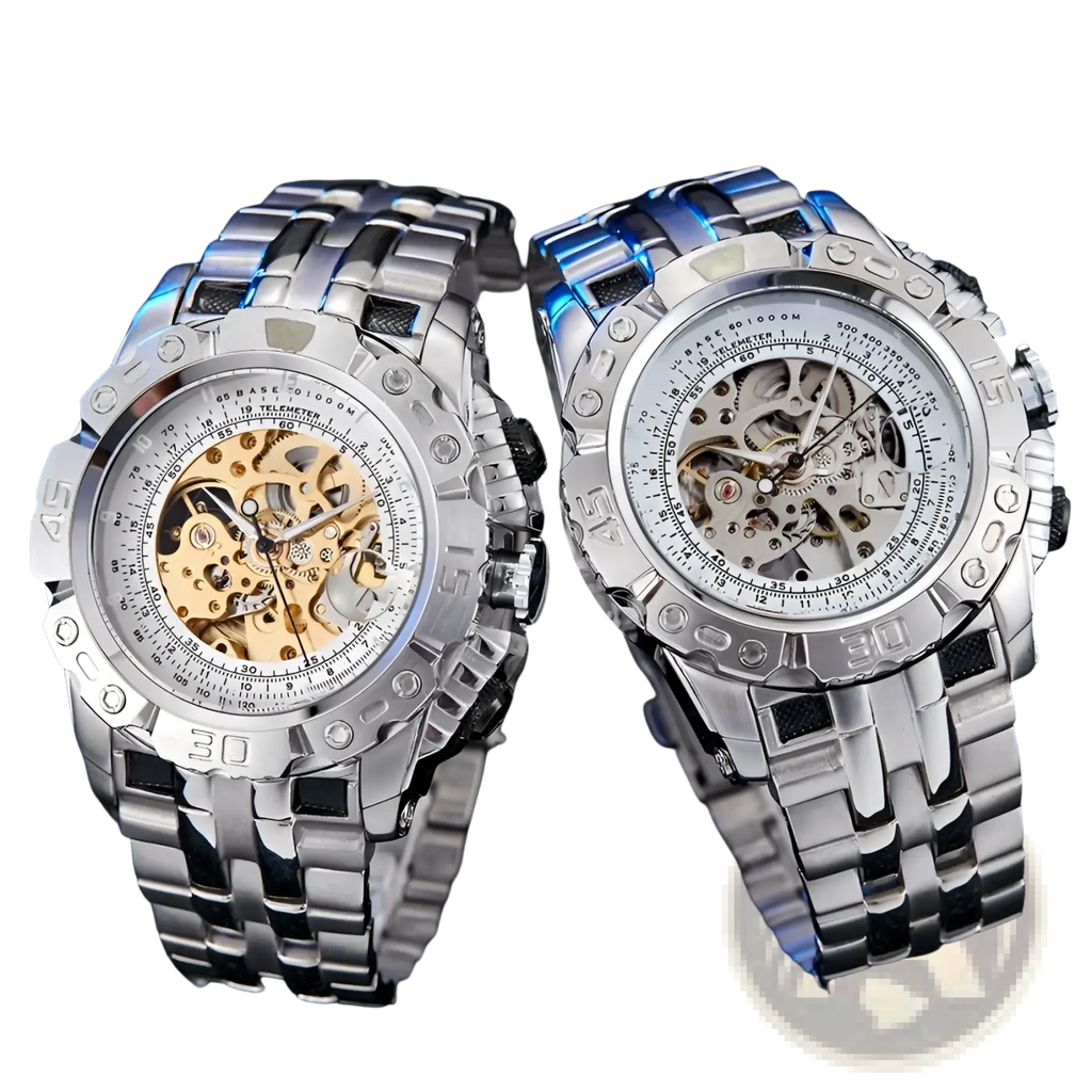 Two silver-toned automatic mechanical skeleton watches for men with exposed gears white dials and stainless steel bracelets