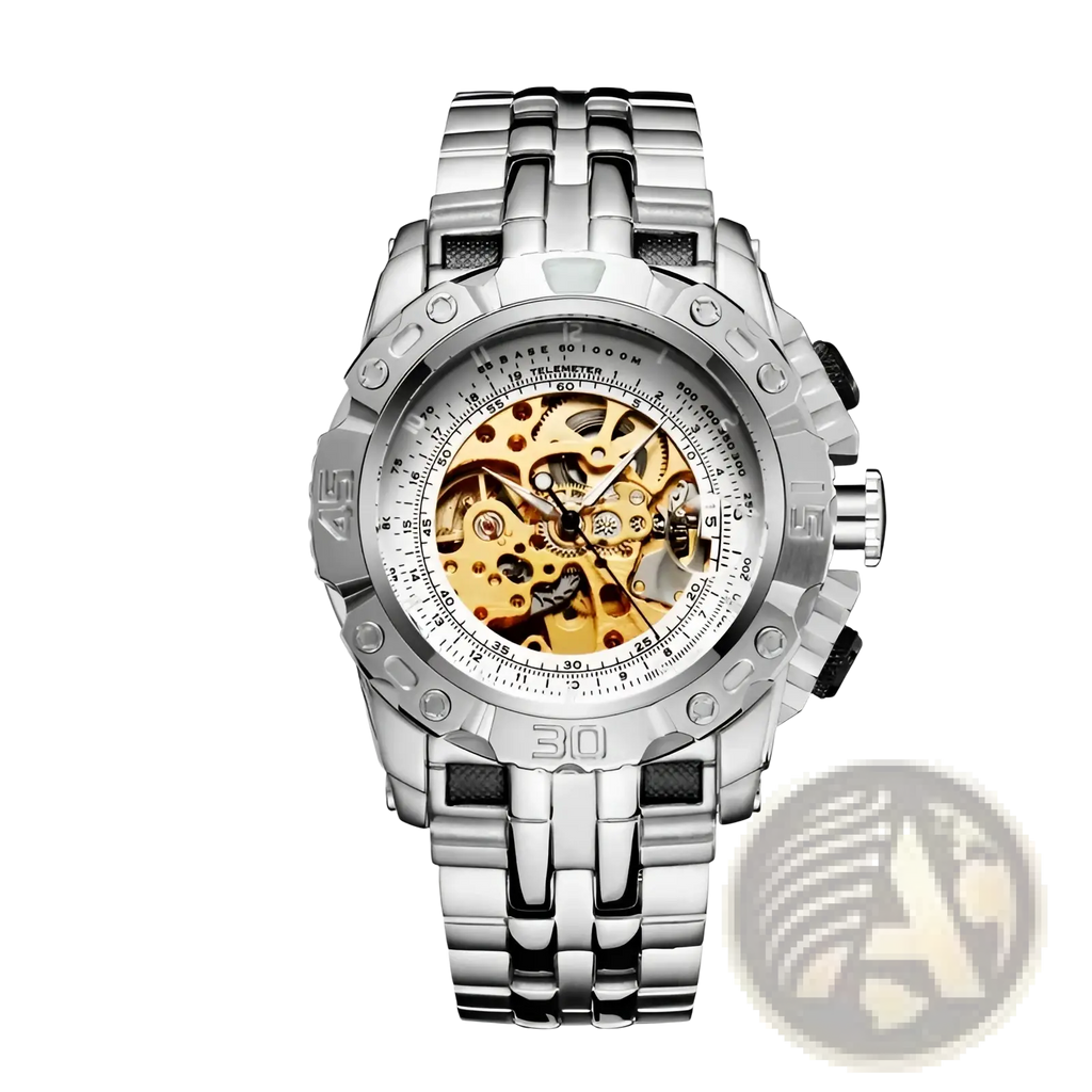 Automatic mechanical skeleton watch for men with silver-toned case, exposed golden gears, and stainless steel link bracelet