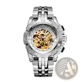 Automatic mechanical skeleton watch for men with silver-toned case, exposed golden gears, and stainless steel link bracelet