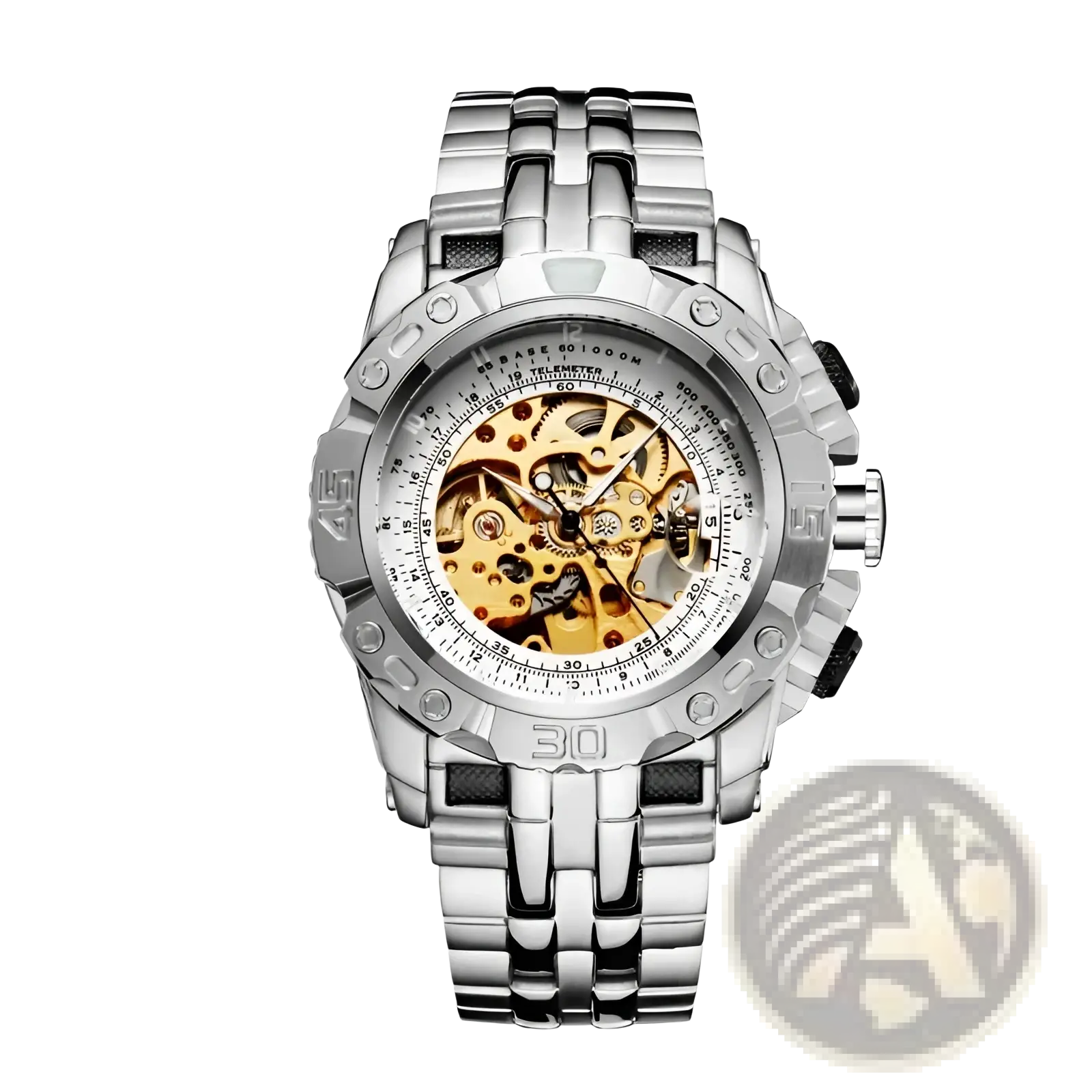 Automatic mechanical skeleton watch for men with silver-toned case, exposed golden gears, and stainless steel link bracelet