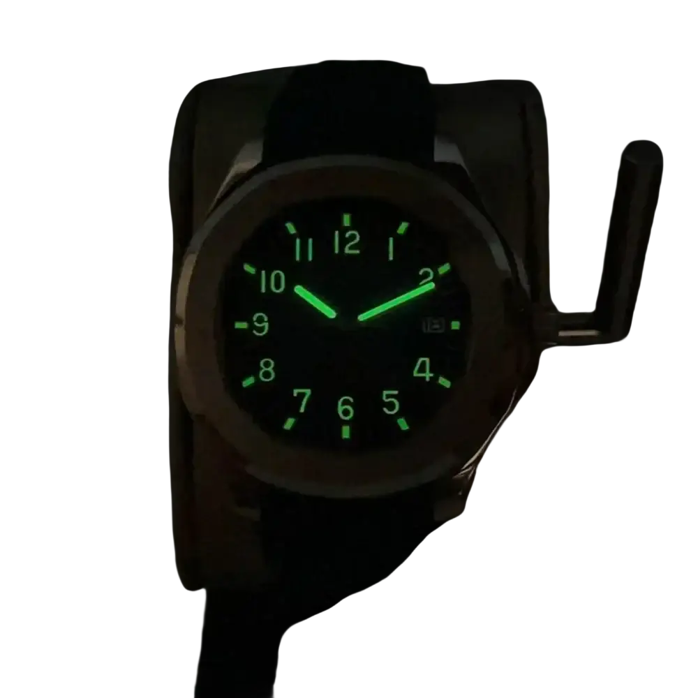 Automatic mechanical sports watch nh35 with a black metallic case and strap glowing green dial and luminous hands