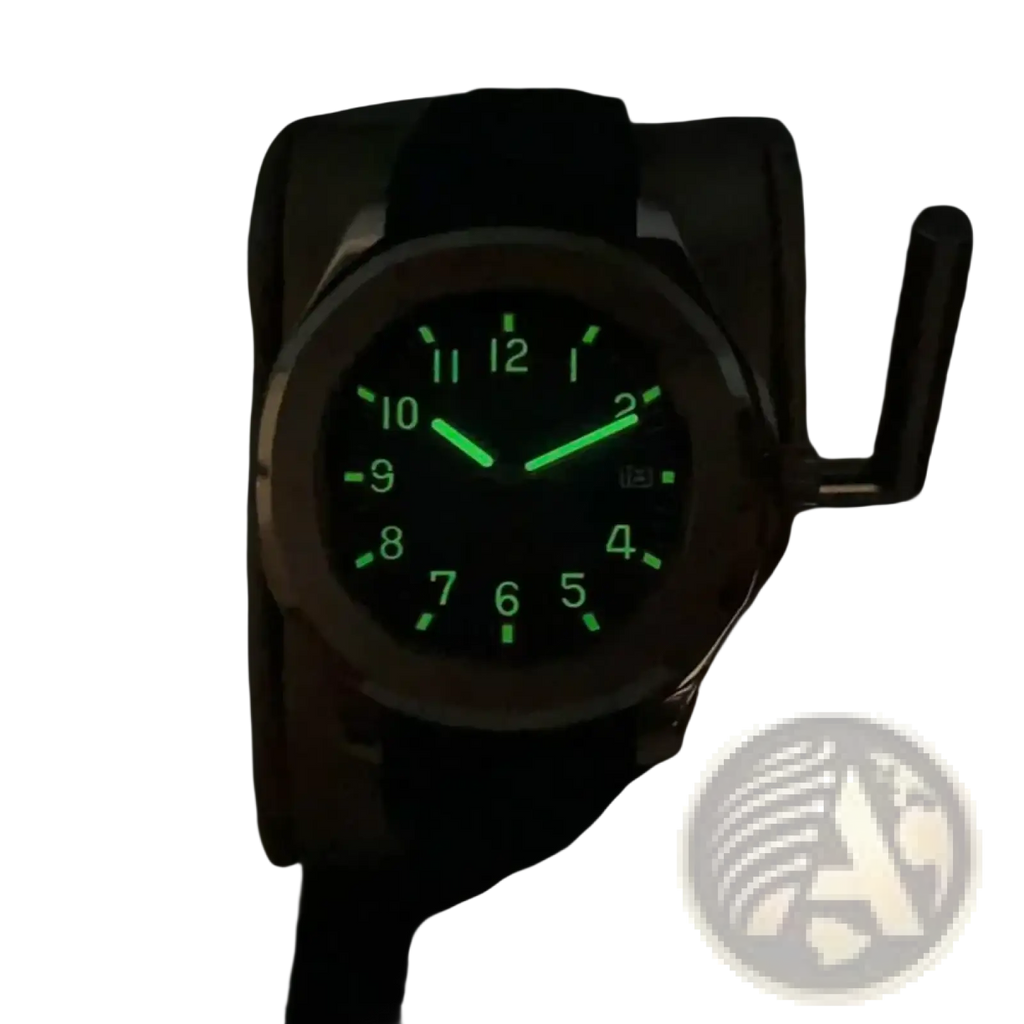 Automatic mechanical sports watch nh35 with a black metallic case and strap glowing green dial and luminous hands