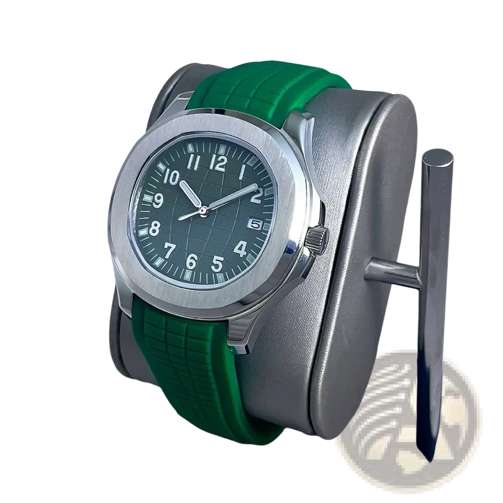 A sleek silver automatic mechanical sports watch nh35 with a dark green dial and vibrant green rubber strap