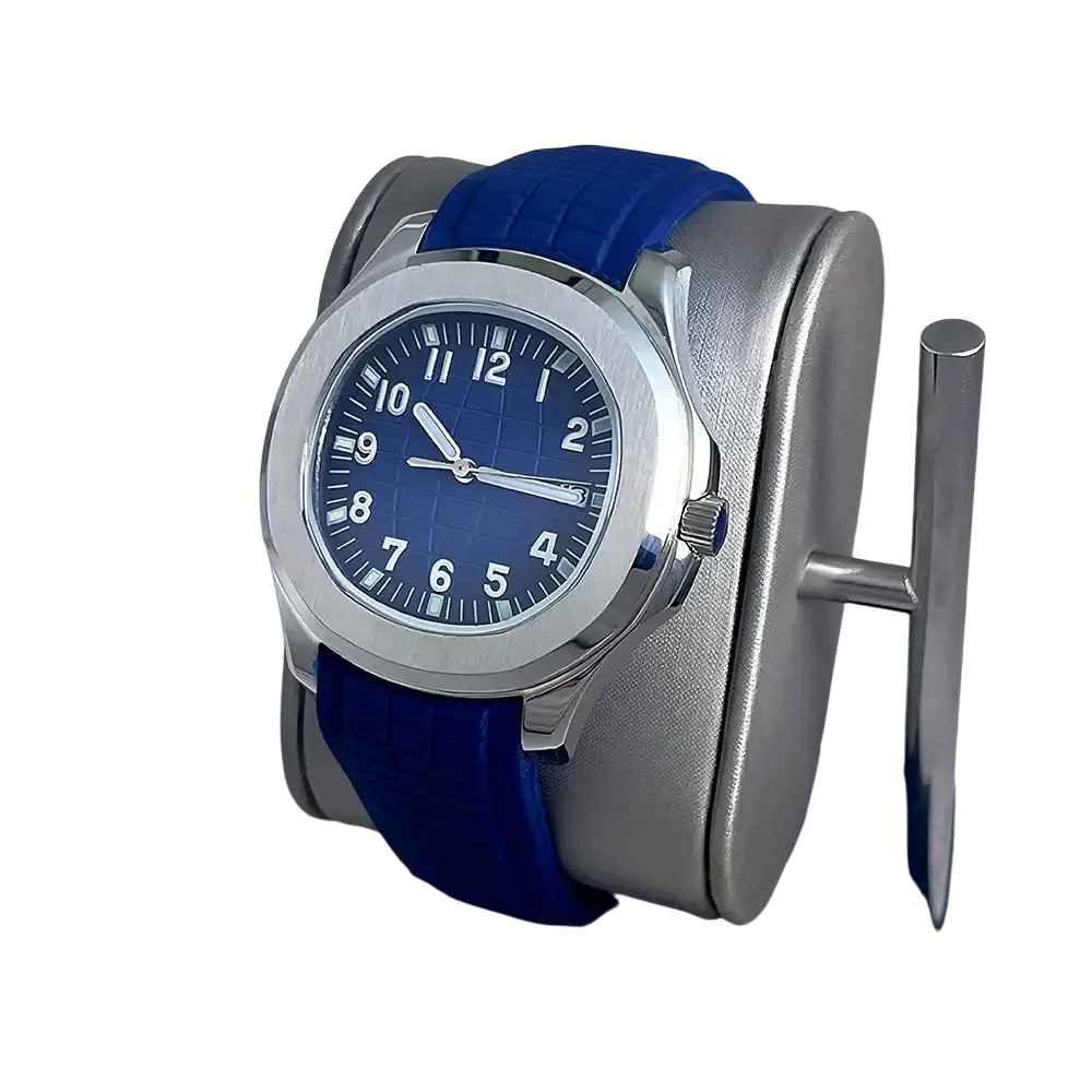 Silver-toned automatic mechanical sports watch nh35 with blue dial bold white numerals and royal blue rubber strap