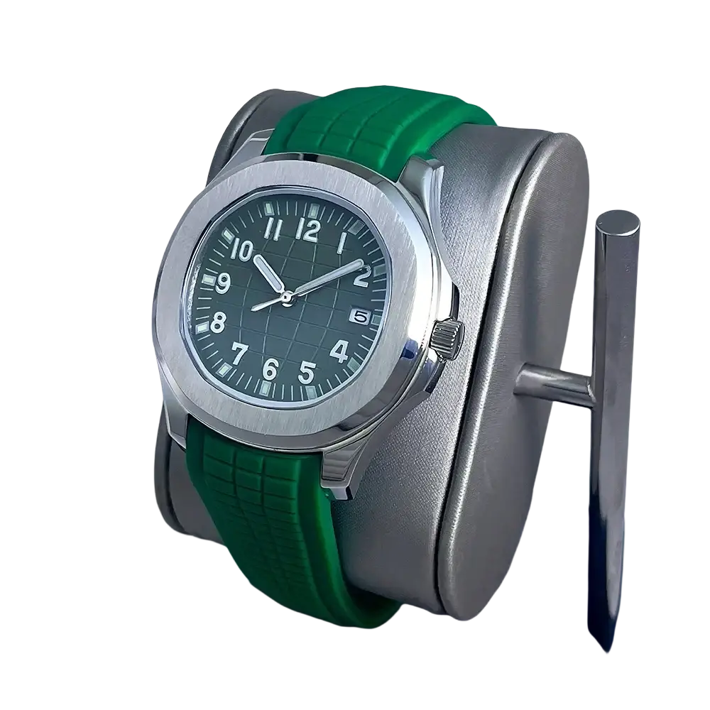 A sleek silver automatic mechanical sports watch nh35 with a dark green dial and vibrant green rubber strap