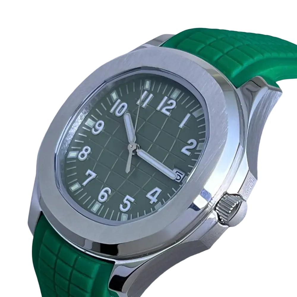 A sleek silver-toned automatic mechanical sports watch nh35 with a dark green dial and textured green rubber strap