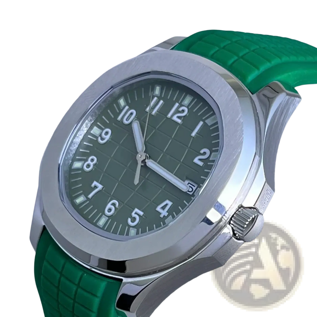 A sleek silver-toned automatic mechanical sports watch nh35 with a dark green dial and textured green rubber strap