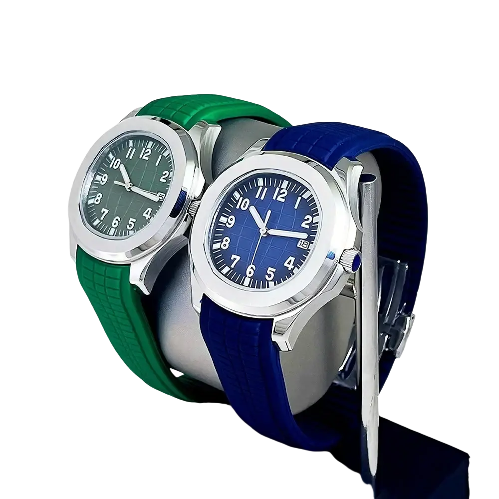 Two stainless steel automatic mechanical sports watches nh35 with green and blue silicone straps and bold numerals