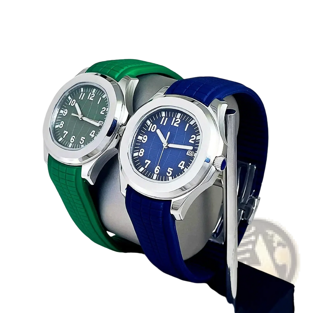 Two stainless steel automatic mechanical sports watches nh35 with green and blue silicone straps and bold numerals