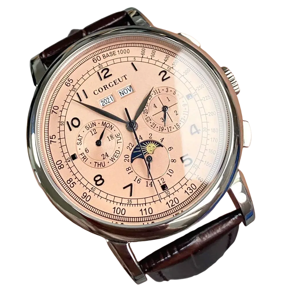 Automatic mechanical watch for men 42mm with pink face, silver case, brown leather strap, and moon phase subdial