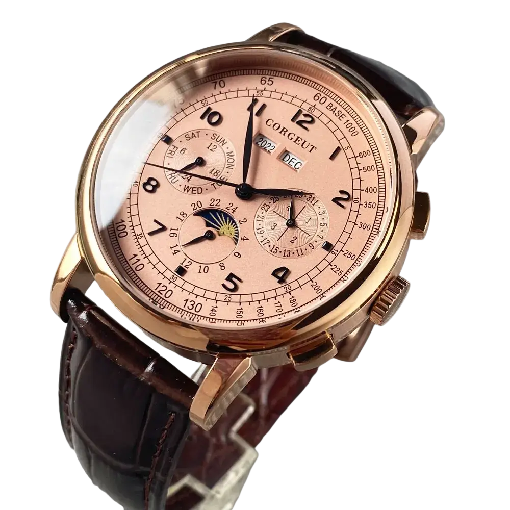 Rose gold automatic mechanical watch for men 42mm with blush pink dial black numerals and dark brown leather strap
