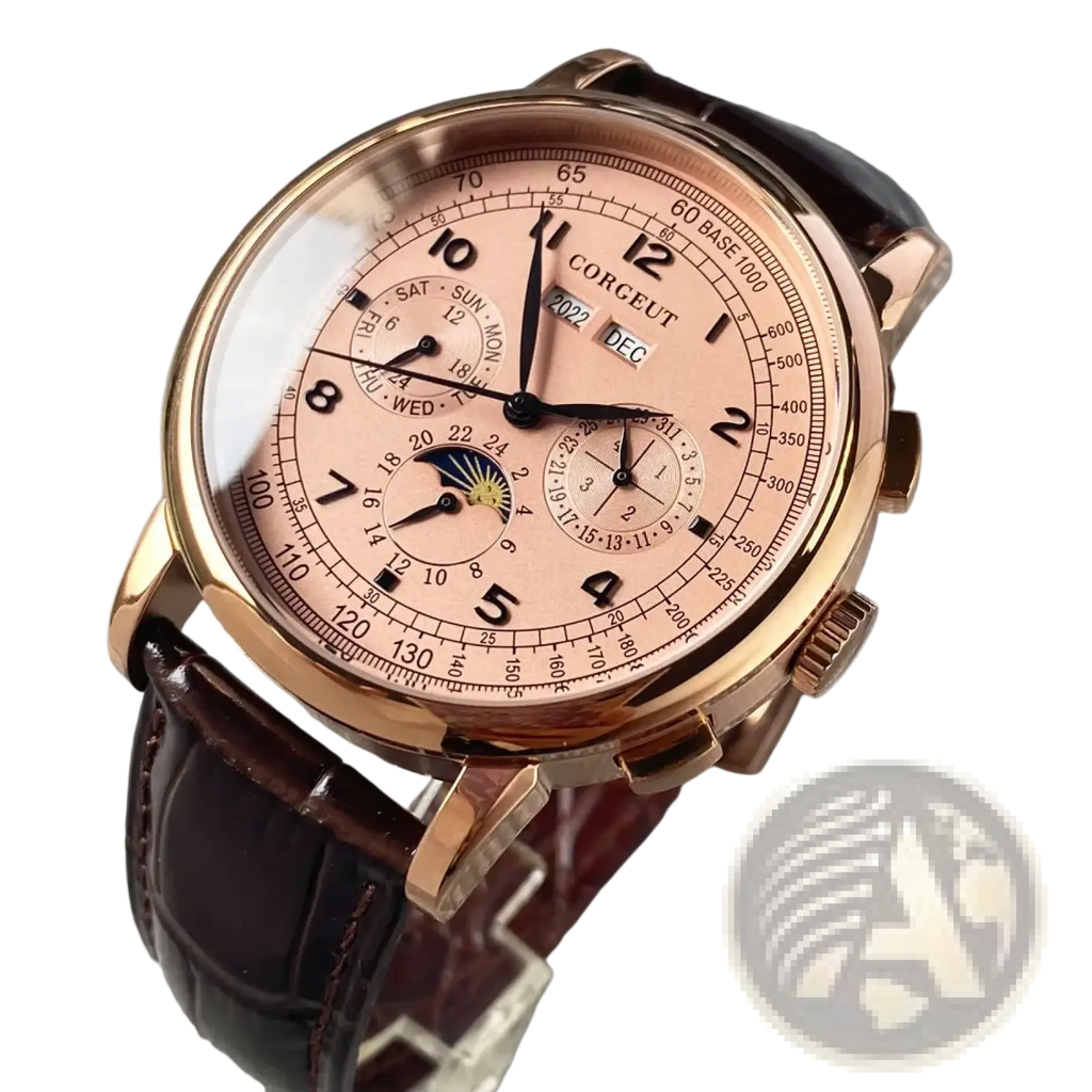 Rose gold automatic mechanical watch for men 42mm with blush pink dial black numerals and dark brown leather strap
