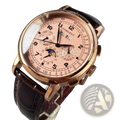 Rose gold automatic mechanical watch for men 42mm with blush pink dial black numerals and dark brown leather strap