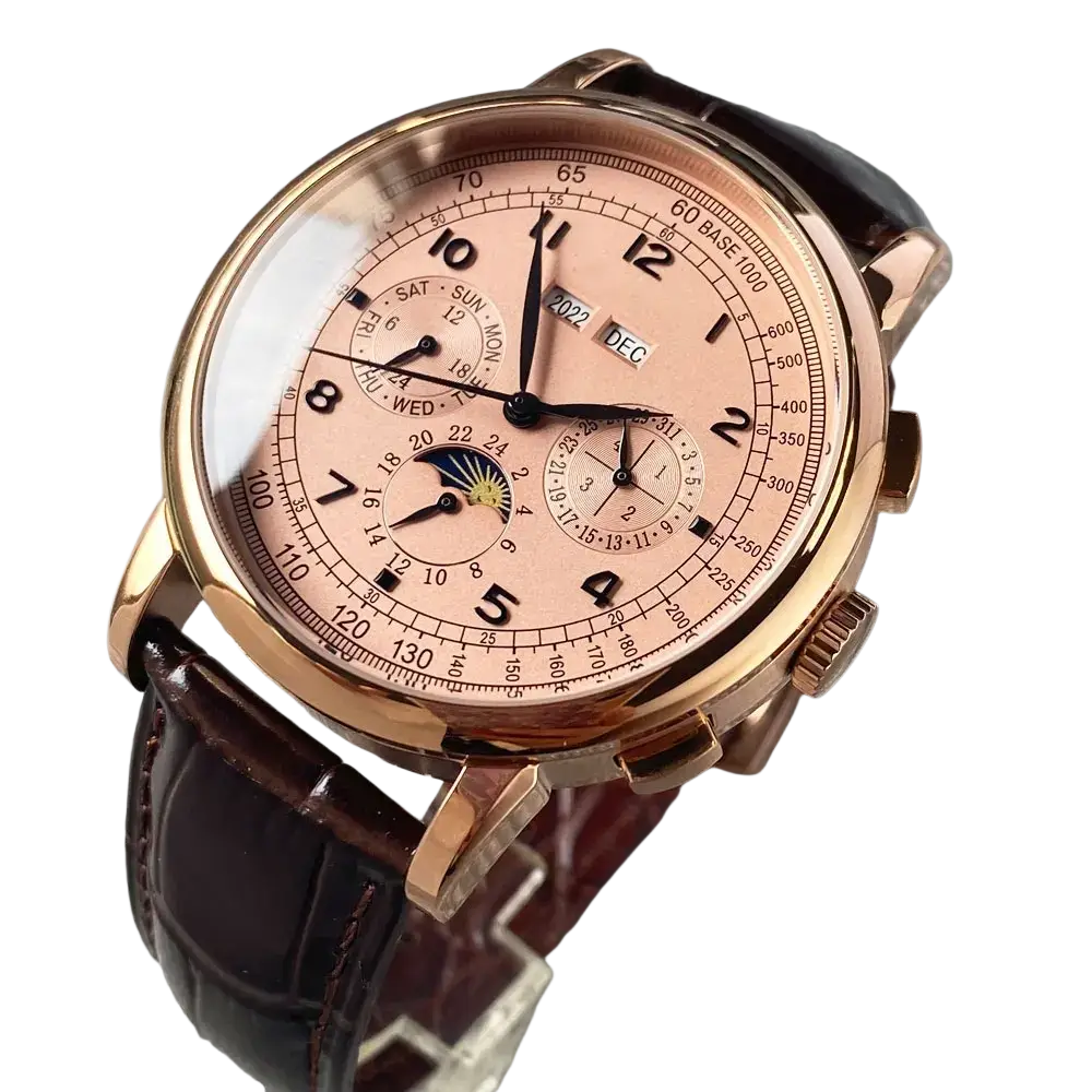 Rose gold-toned automatic mechanical watch for men 42mm with blush pink dial brown leather strap and multiple subdials