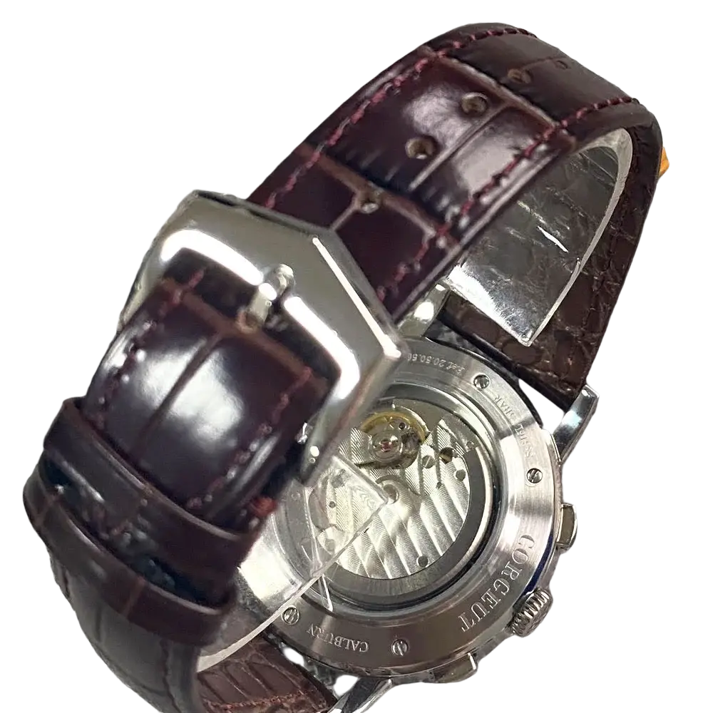 Automatic mechanical watch for men 42mm with a sleek silver case brown crocodile leather strap and exposed movement