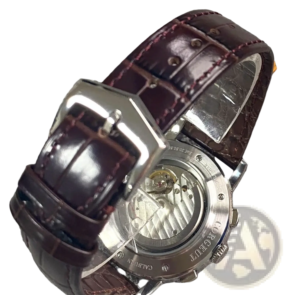 Automatic mechanical watch for men 42mm with a sleek silver case brown crocodile leather strap and exposed movement