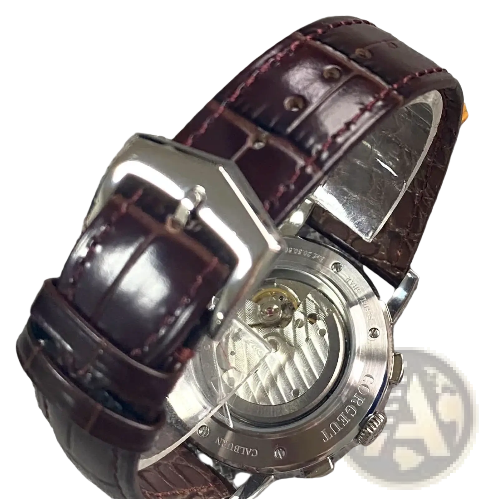 Automatic mechanical watch for men 42mm with a sleek silver case brown crocodile leather strap and exposed movement
