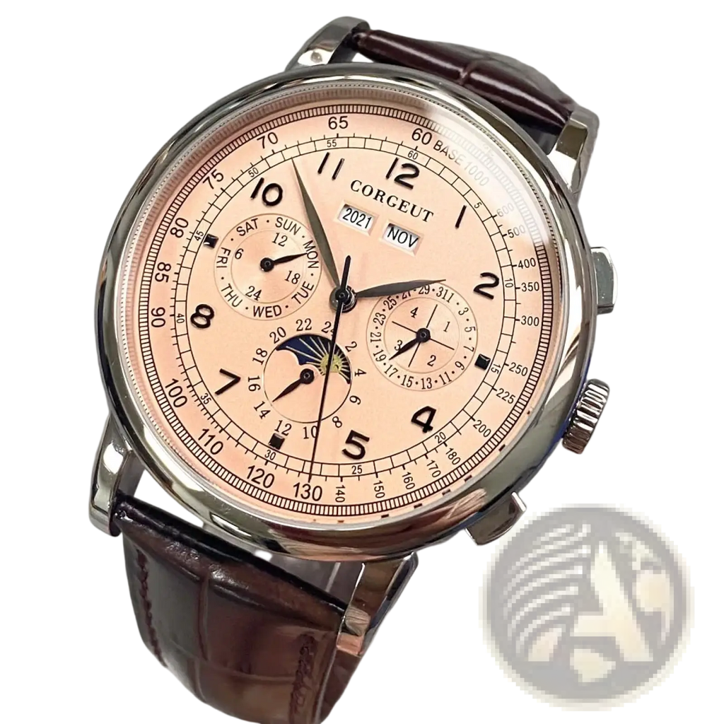Automatic mechanical watch for men 42mm with blush pink chronograph dial silver case and brown alligator leather strap