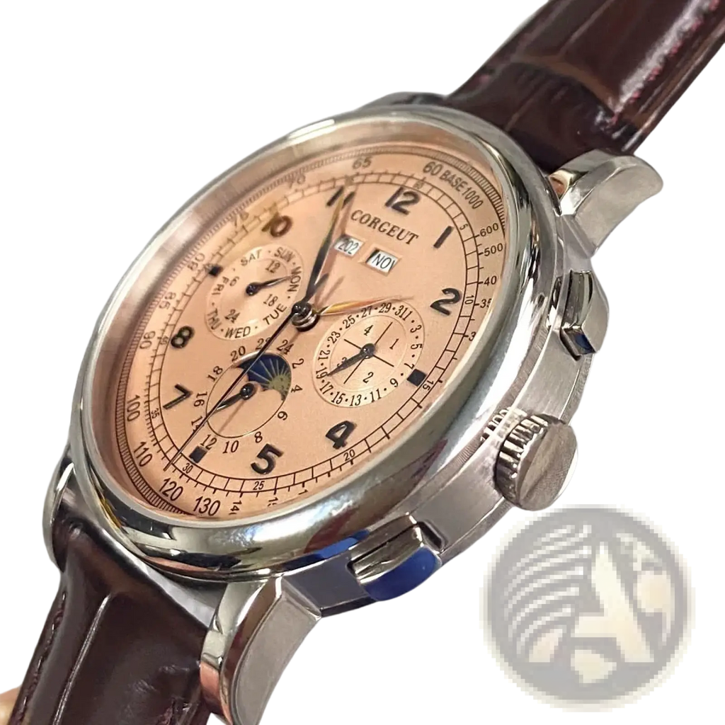 Automatic mechanical watch for men 42mm with rose gold dial, multiple subdials, moon phase, stainless steel case, and brown leather straps