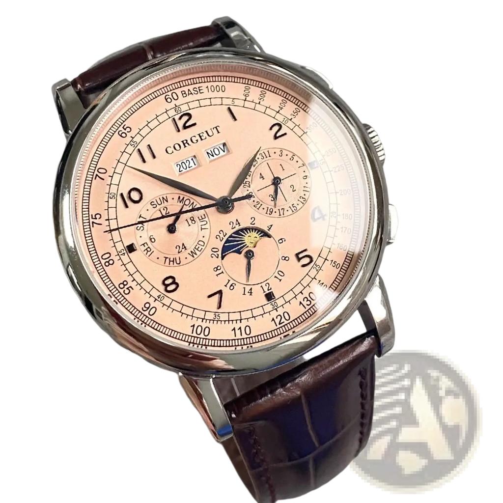 A sophisticated corguet 42mm automatic mechanical watch for men with rose gold dial and brown leather strap
