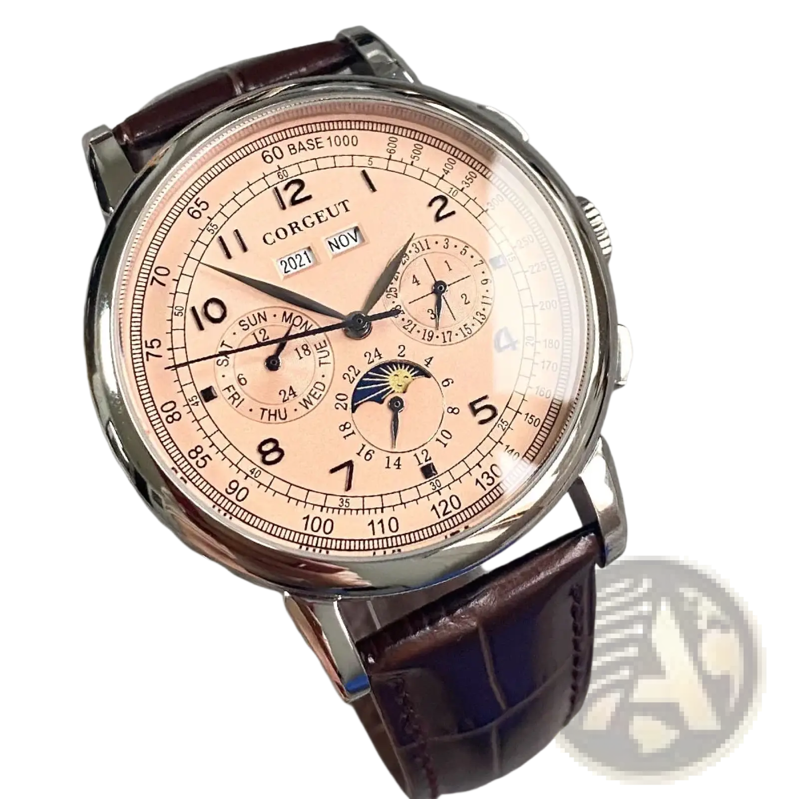 A sophisticated corguet 42mm automatic mechanical watch for men with rose gold dial and brown leather strap