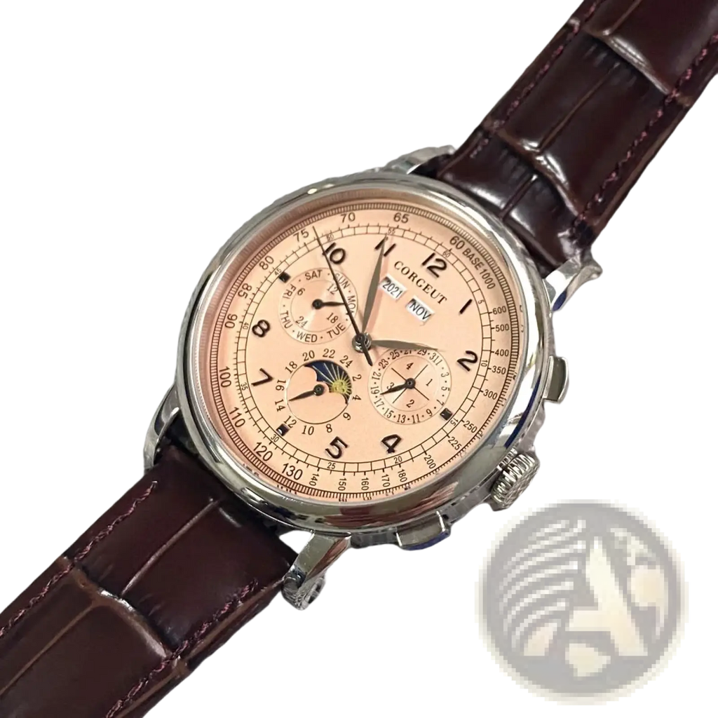Automatic mechanical watch for men 42mm with rose gold dial, multiple subdials, moon phase, and brown alligator strap