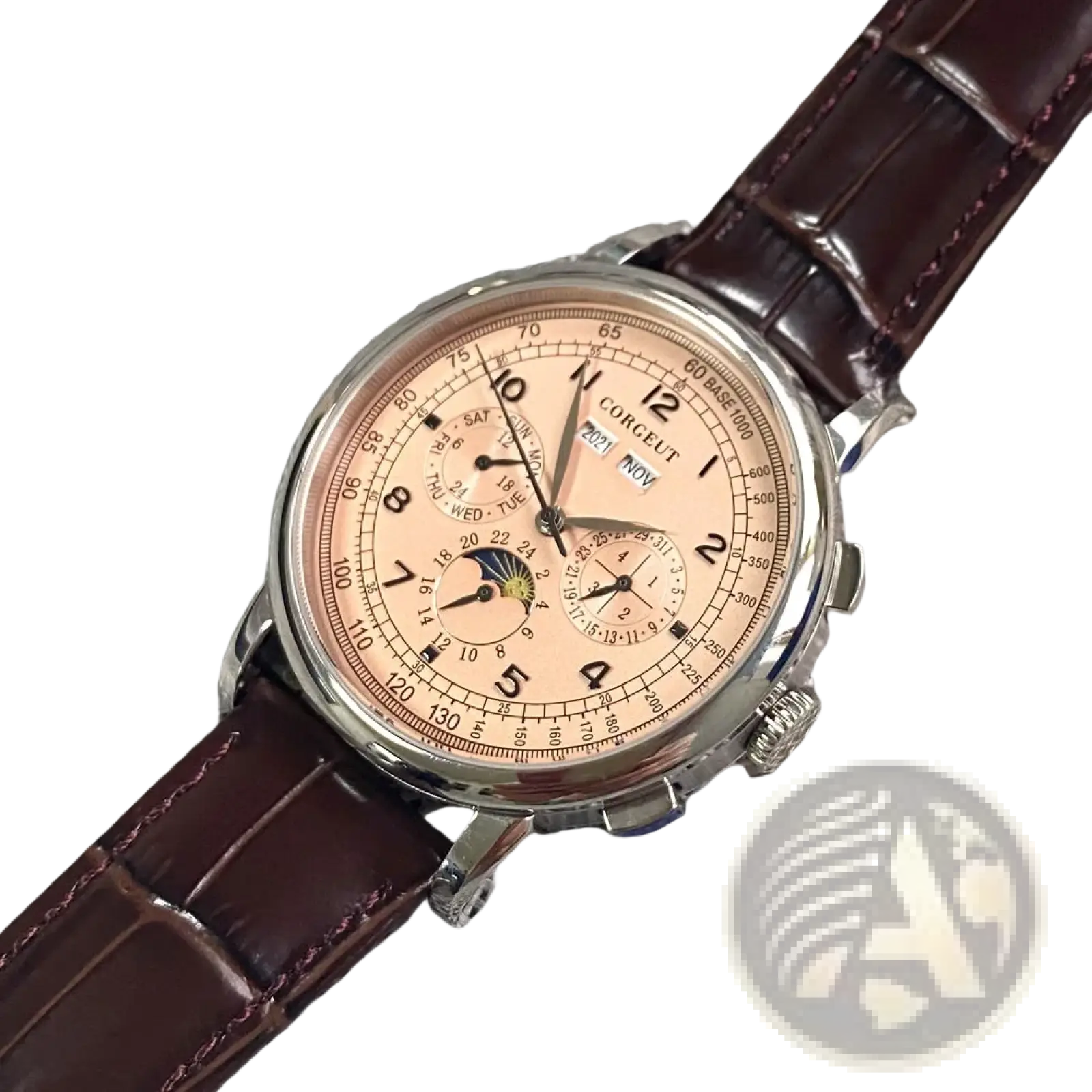 Automatic mechanical watch for men 42mm with rose gold dial, multiple subdials, moon phase, and brown alligator strap